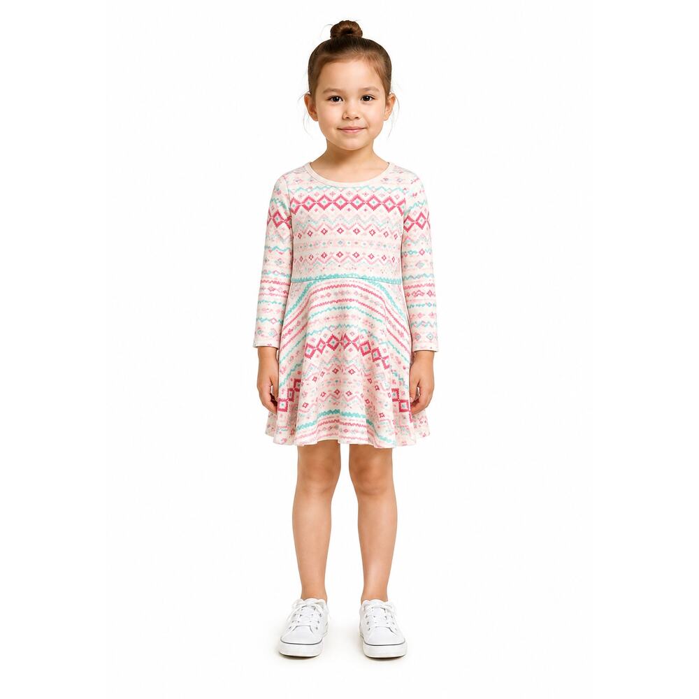 The Children’s Place Girls Long Sleeve Skater Dress Size 5T Pink Teal White